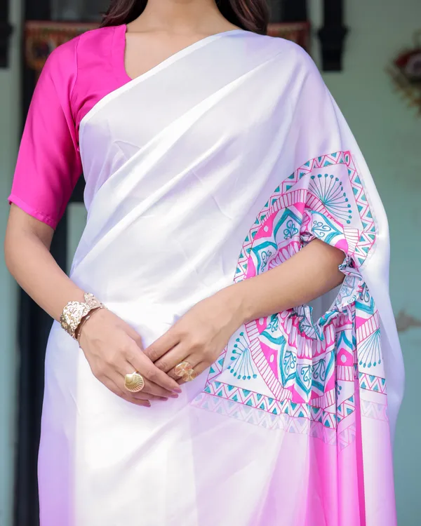 White_&_Pink_Ombr_Designer_Freehand_Saree_with_Geometric_Pallu_Art_&_Rani_Pink__Satin_Georgette_Handsfree_Pallu_Design_With_Unstitched_Blouse