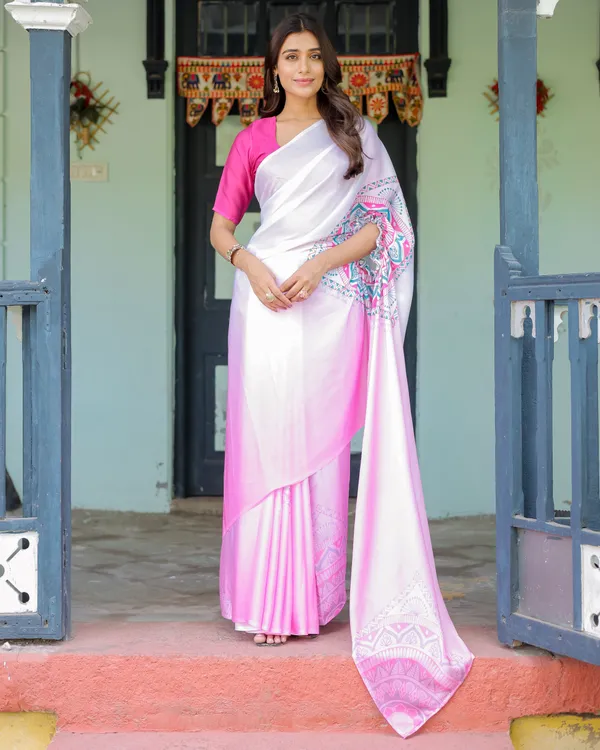 White_&_Pink_Ombr_Designer_Freehand_Saree_with_Geometric_Pallu_Art_&_Rani_Pink__Satin_Georgette_Handsfree_Pallu_Design_With_Unstitched_Blouse