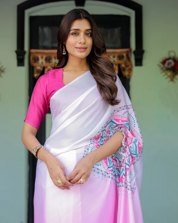 White_&_Pink_Ombr_Designer_Freehand_Saree_with_Geometric_Pallu_Art_&_Rani_Pink__Satin_Georgette_Handsfree_Pallu_Design_With_Unstitched_Blouse