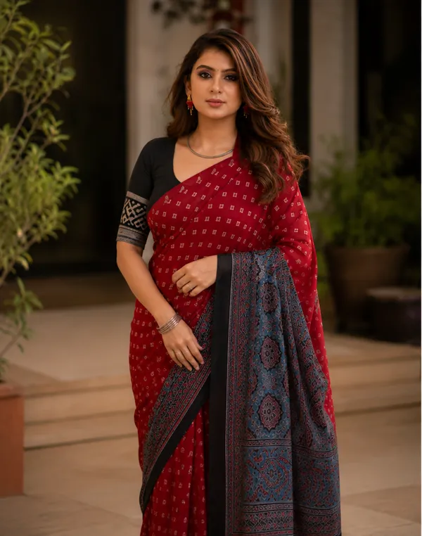 Red_&_Black_Festive_Ajrakh_Bindi_Japan_Silk_Saree_with_Polka_Dot_Pattern