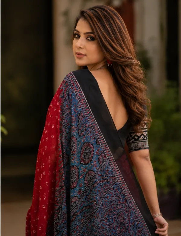 Red_&_Black_Festive_Ajrakh_Bindi_Japan_Silk_Saree_with_Polka_Dot_Pattern