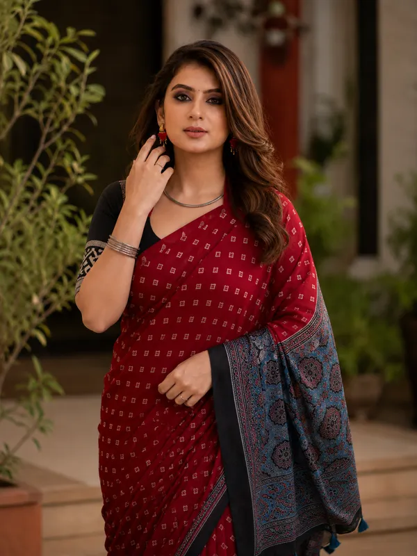 Red_&_Black_Festive_Ajrakh_Bindi_Japan_Silk_Saree_with_Polka_Dot_Pattern