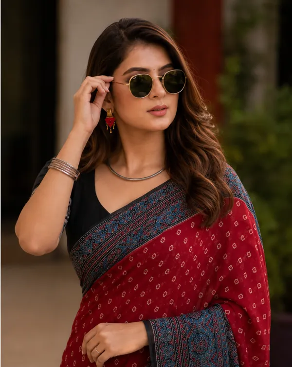 Red_&_Black_Festive_Ajrakh_Bindi_Japan_Silk_Saree_with_Polka_Dot_Pattern