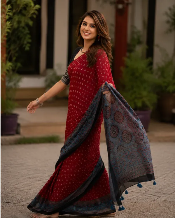 Red_&_Black_Festive_Ajrakh_Bindi_Japan_Silk_Saree_with_Polka_Dot_Pattern