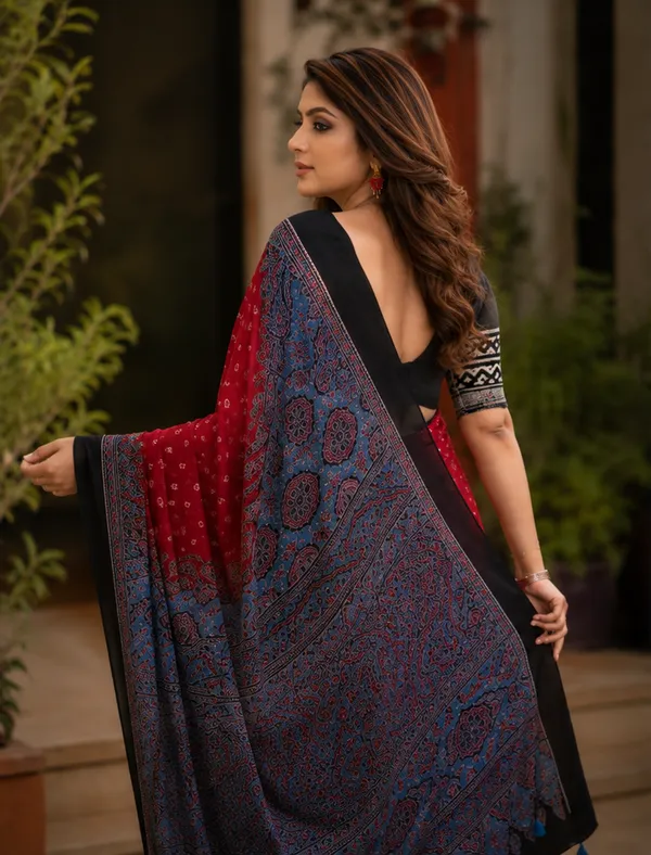 Red_&_Black_Festive_Ajrakh_Bindi_Japan_Silk_Saree_with_Polka_Dot_Pattern