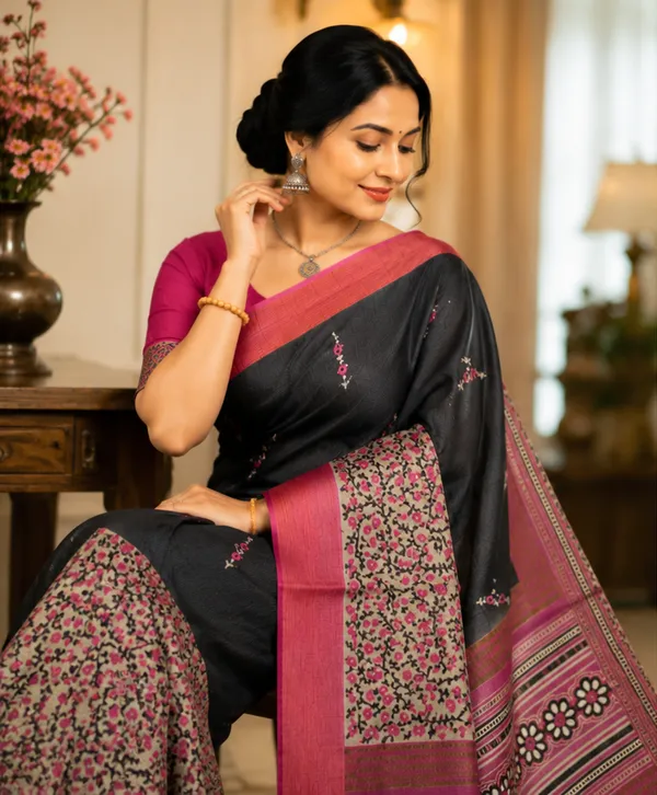 Soft_Tussar_Silk_sarees_with_Beautiful_Print_With_Attractive_Pallu_And_Contrast_Print_Blouse_With_Tassels