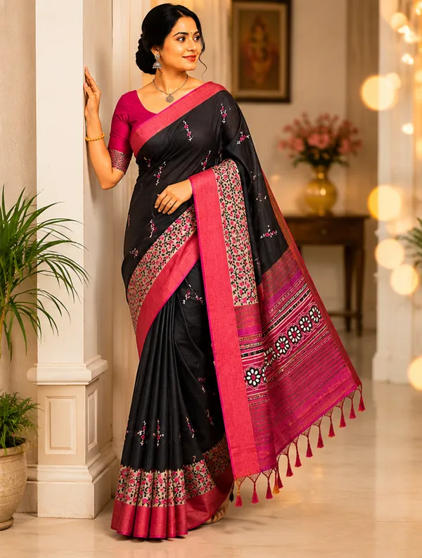 Soft_Tussar_Silk_sarees_with_Beautiful_Print_With_Attractive_Pallu_And_Contrast_Print_Blouse_With_Tassels