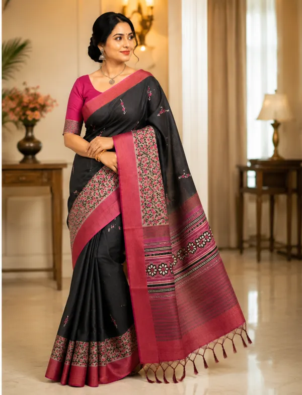 Soft_Tussar_Silk_sarees_with_Beautiful_Print_With_Attractive_Pallu_And_Contrast_Print_Blouse_With_Tassels