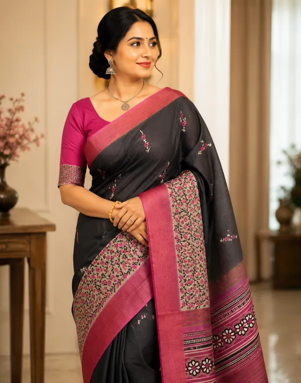 Soft_Tussar_Silk_sarees_with_Beautiful_Print_With_Attractive_Pallu_And_Contrast_Print_Blouse_With_Tassels