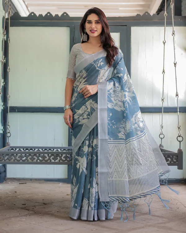 Pastel_Blue_Floral_and_Geometric_Printed_Cotton_Linen_Saree_and_Tassel_Edges_With_Unstitched_Blouse