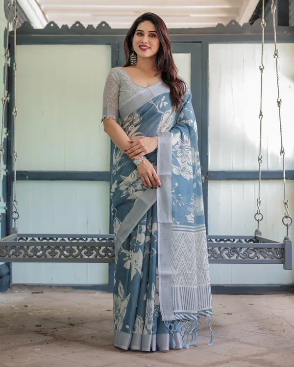 Pastel_Blue_Floral_and_Geometric_Printed_Cotton_Linen_Saree_and_Tassel_Edges_With_Unstitched_Blouse