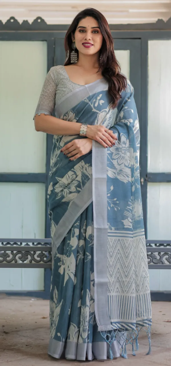 Pastel_Blue_Floral_and_Geometric_Printed_Cotton_Linen_Saree_and_Tassel_Edges_With_Unstitched_Blouse
