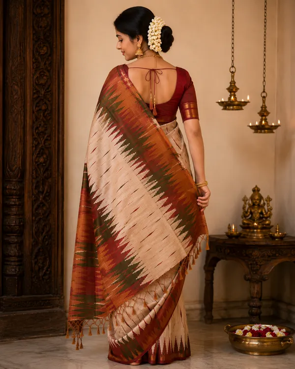 Soft_Tussar_Silk_sarees_with_Beautiful_Print_With_Attractive_Border_And_Contrast_Print_Blouse_With_Tassels