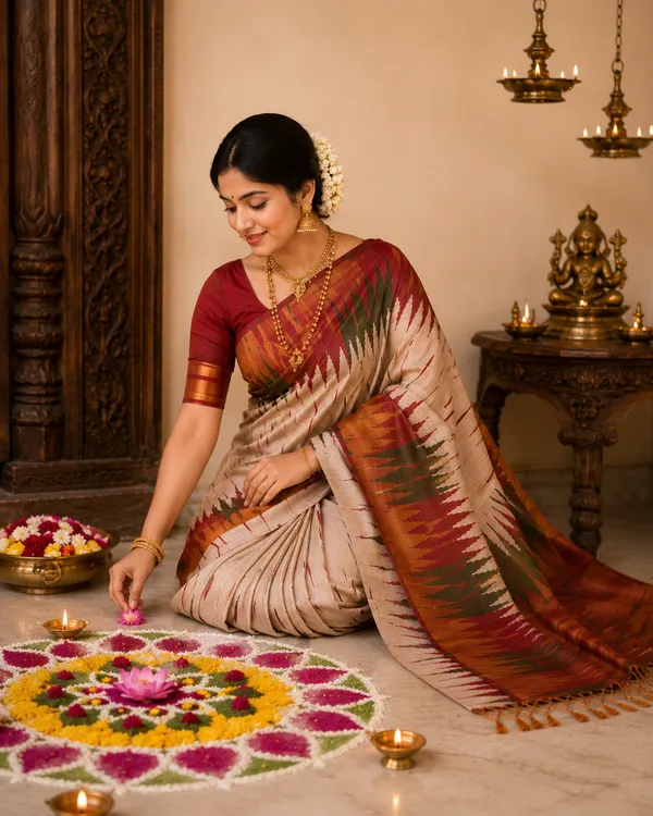 Soft_Tussar_Silk_sarees_with_Beautiful_Print_With_Attractive_Border_And_Contrast_Print_Blouse_With_Tassels