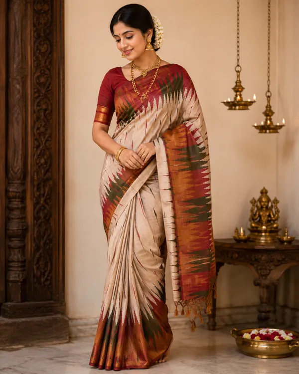 Soft_Tussar_Silk_sarees_with_Beautiful_Print_With_Attractive_Border_And_Contrast_Print_Blouse_With_Tassels