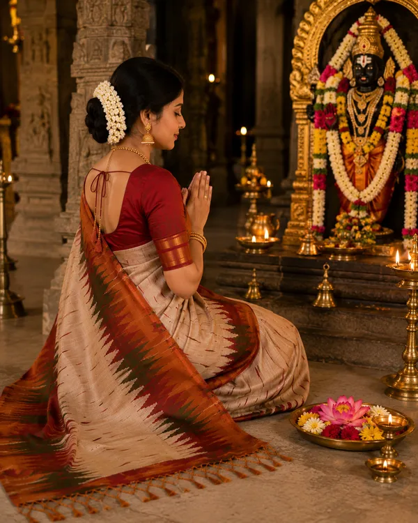 Soft_Tussar_Silk_sarees_with_Beautiful_Print_With_Attractive_Border_And_Contrast_Print_Blouse_With_Tassels