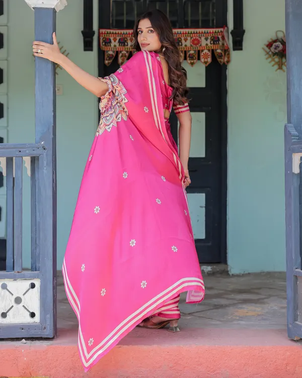 Vibrant_Rani_Pink_Freehand_Floral_Printed_Saree_in_Satin_Georgette_with_Ivory_Border_&_Designer_5.5m_Saree_+_0.8m_Piece_With_Unstitched_Blouse