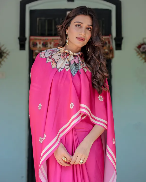 Vibrant_Rani_Pink_Freehand_Floral_Printed_Saree_in_Satin_Georgette_with_Ivory_Border_&_Designer_5.5m_Saree_+_0.8m_Piece_With_Unstitched_Blouse