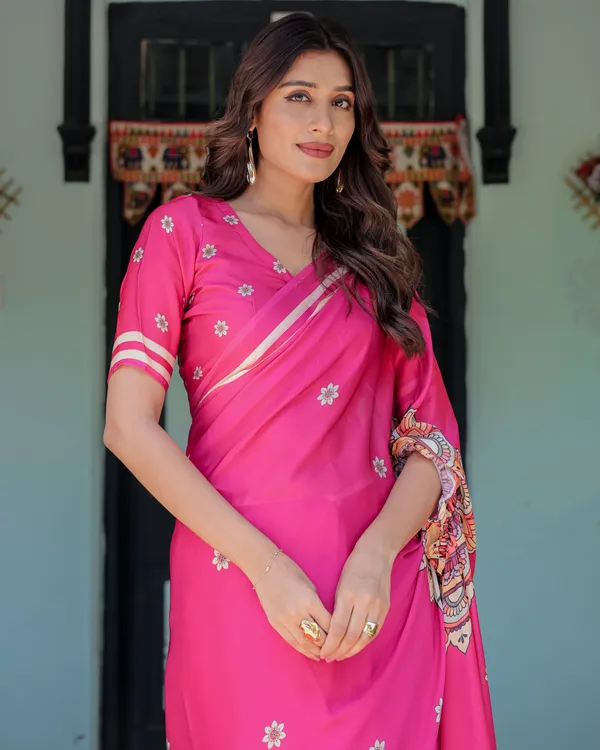 Vibrant_Rani_Pink_Freehand_Floral_Printed_Saree_in_Satin_Georgette_with_Ivory_Border_&_Designer_5.5m_Saree_+_0.8m_Piece_With_Unstitched_Blouse