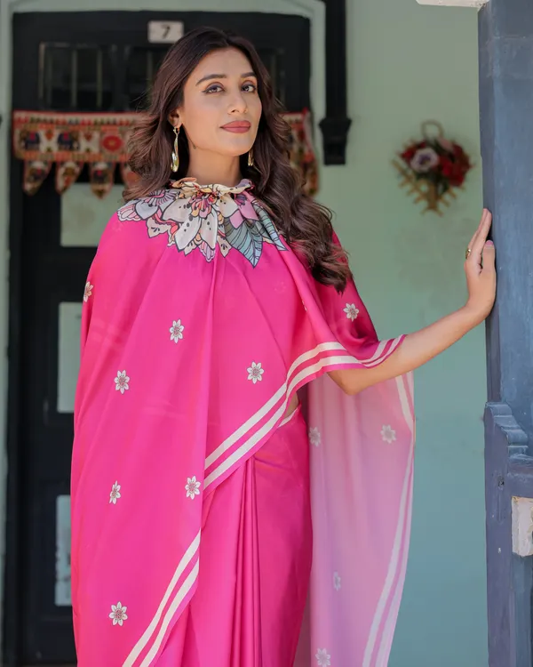Vibrant_Rani_Pink_Freehand_Floral_Printed_Saree_in_Satin_Georgette_with_Ivory_Border_&_Designer_5.5m_Saree_+_0.8m_Piece_With_Unstitched_Blouse