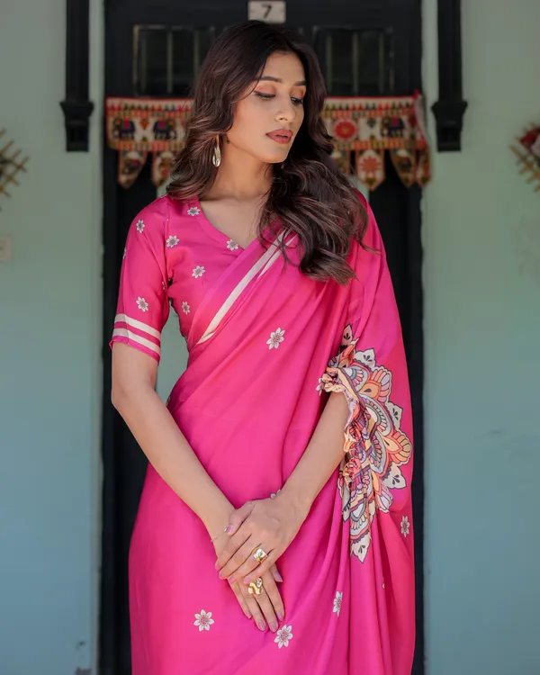 Vibrant_Rani_Pink_Freehand_Floral_Printed_Saree_in_Satin_Georgette_with_Ivory_Border_&_Designer_5.5m_Saree_+_0.8m_Piece_With_Unstitched_Blouse