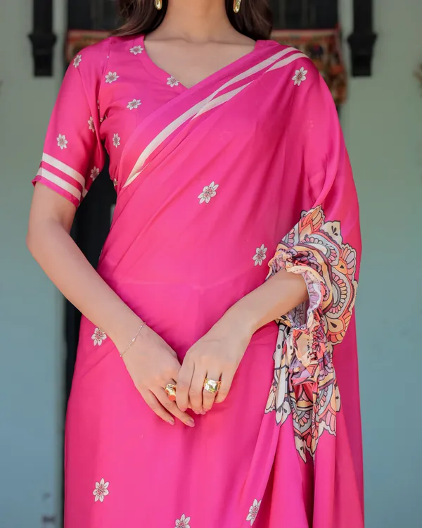 Vibrant_Rani_Pink_Freehand_Floral_Printed_Saree_in_Satin_Georgette_with_Ivory_Border_&_Designer_5.5m_Saree_+_0.8m_Piece_With_Unstitched_Blouse