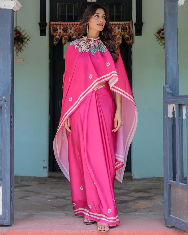 Vibrant_Rani_Pink_Freehand_Floral_Printed_Saree_in_Satin_Georgette_with_Ivory_Border_&_Designer_5.5m_Saree_+_0.8m_Piece_With_Unstitched_Blouse