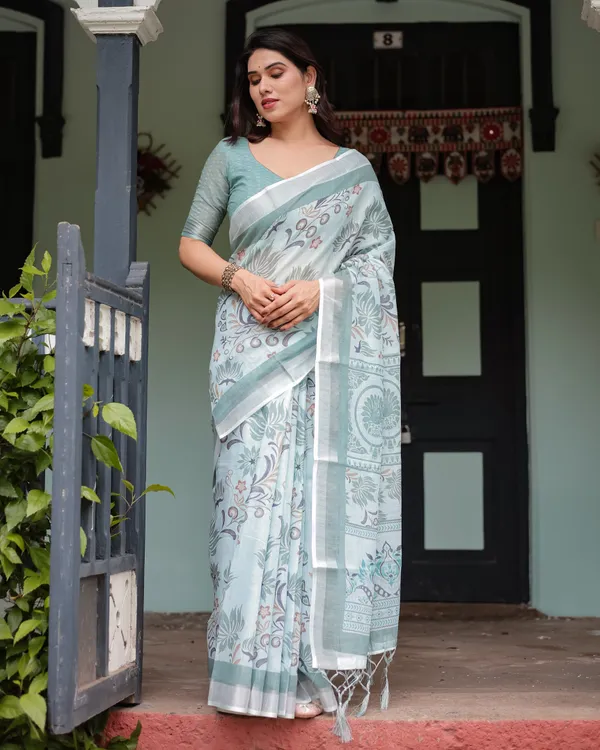Mint_Green_Floral_Pure_Cotton_Linen_Saree_and_Tassels_With_Unstitched_Blouse