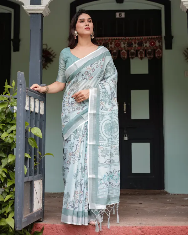 Mint_Green_Floral_Pure_Cotton_Linen_Saree_and_Tassels_With_Unstitched_Blouse