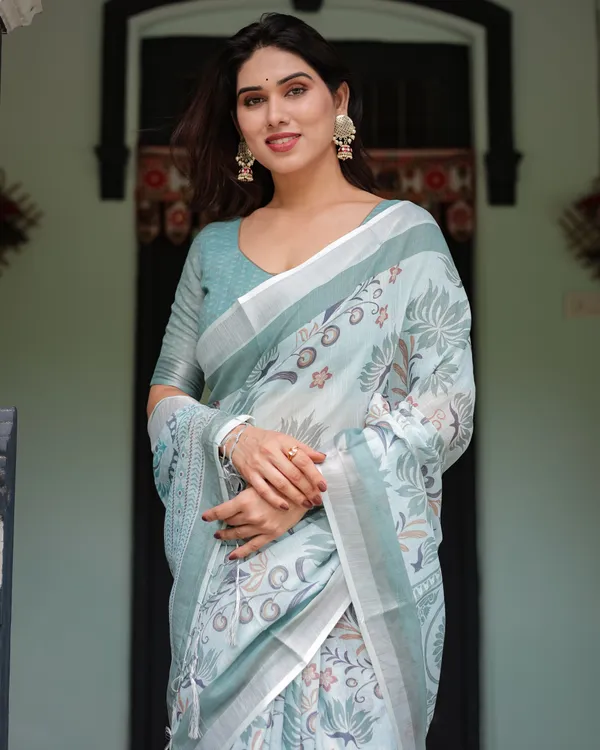 Mint_Green_Floral_Pure_Cotton_Linen_Saree_and_Tassels_With_Unstitched_Blouse