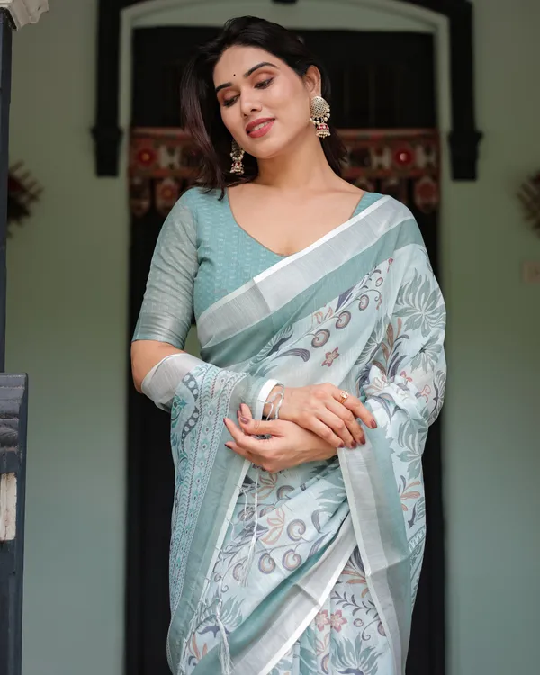 Mint_Green_Floral_Pure_Cotton_Linen_Saree_and_Tassels_With_Unstitched_Blouse