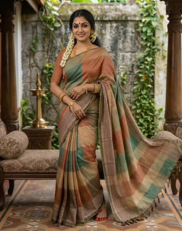 Soft_Tussar_Silk_sarees_with_Beautiful_Print_With_Attractive_Border_And_Contrast_Print_Blouse_With_Tassels