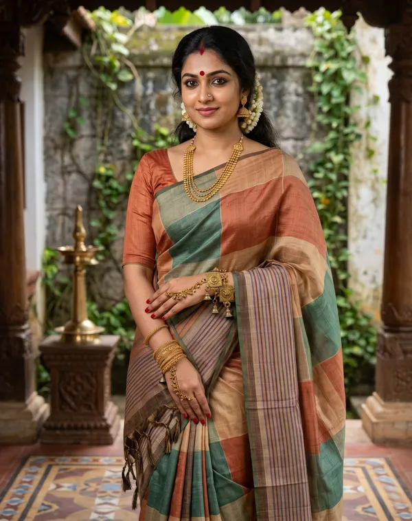 Soft_Tussar_Silk_sarees_with_Beautiful_Print_With_Attractive_Border_And_Contrast_Print_Blouse_With_Tassels