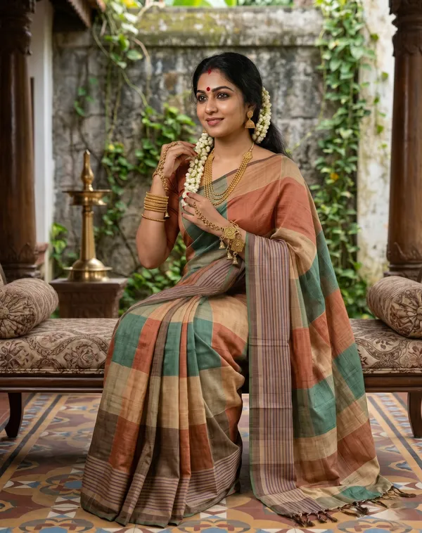 Soft_Tussar_Silk_sarees_with_Beautiful_Print_With_Attractive_Border_And_Contrast_Print_Blouse_With_Tassels