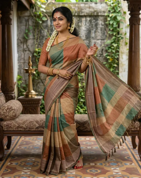 Soft_Tussar_Silk_sarees_with_Beautiful_Print_With_Attractive_Border_And_Contrast_Print_Blouse_With_Tassels