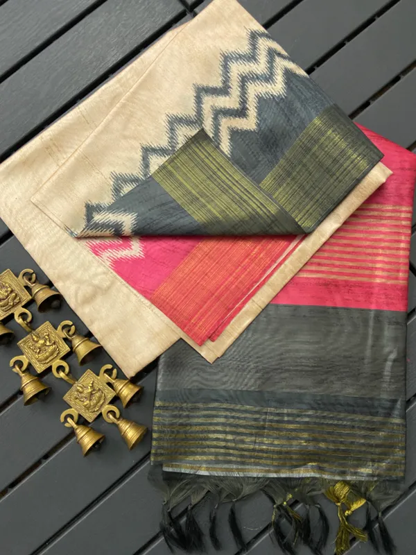 Soft_Tussar_Silk_Saree_(Black-Pink),_with_Blouse_Peice