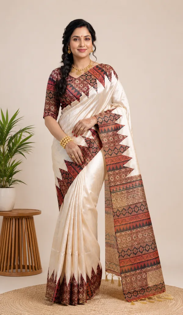 Soft_Tussar_Silk_sarees_with_Beautiful_Print_With_Attractive_Pallu_And_Contrast_Print_Blouse_With_Tassels