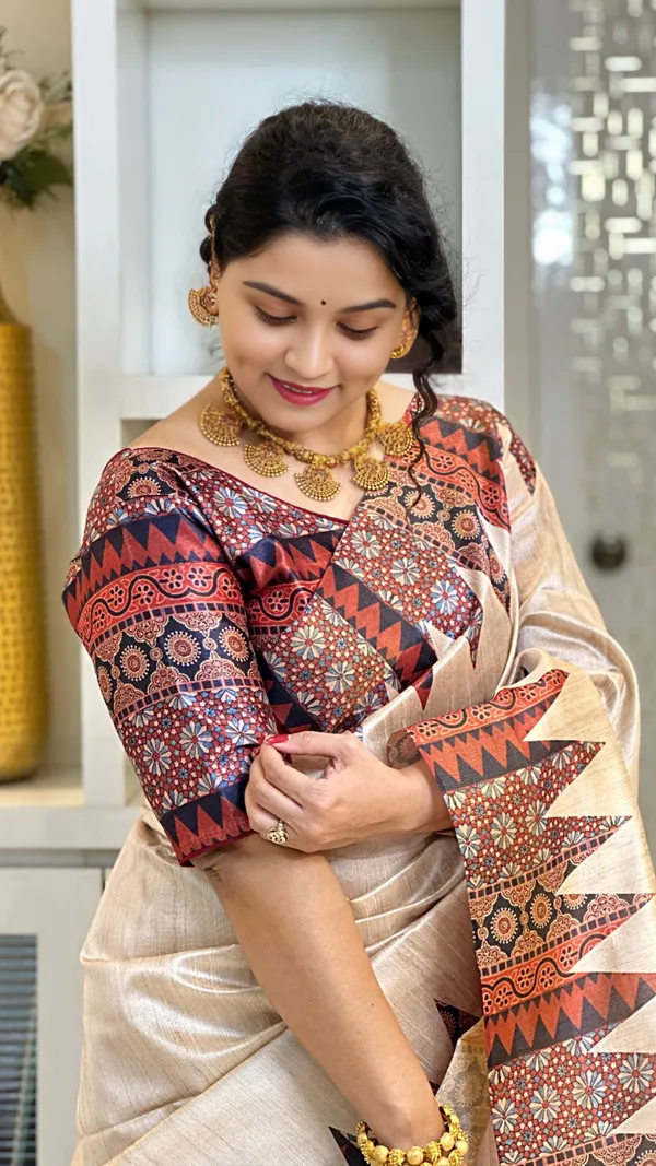 Soft_Tussar_Silk_sarees_with_Beautiful_Print_With_Attractive_Pallu_And_Contrast_Print_Blouse_With_Tassels