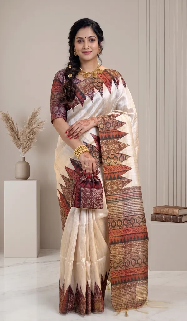 Soft_Tussar_Silk_sarees_with_Beautiful_Print_With_Attractive_Pallu_And_Contrast_Print_Blouse_With_Tassels