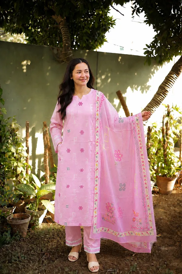 Women's_Cotton_Spun_Hand_Print_Kurta_Set_with_Bottom_&_Dupatta_|_Stitched_Ethnic_Wear