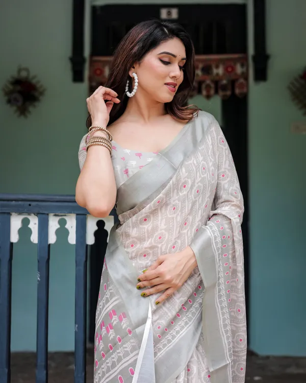 Soft_Grey_Pure_Cotton_Linen_Saree_with_Pink_and_White_Ikat_Design,_,_and_Tassel_Detailing_With_Unstitched_Blouse