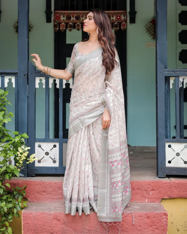 Soft_Grey_Pure_Cotton_Linen_Saree_with_Pink_and_White_Ikat_Design,_,_and_Tassel_Detailing_With_Unstitched_Blouse