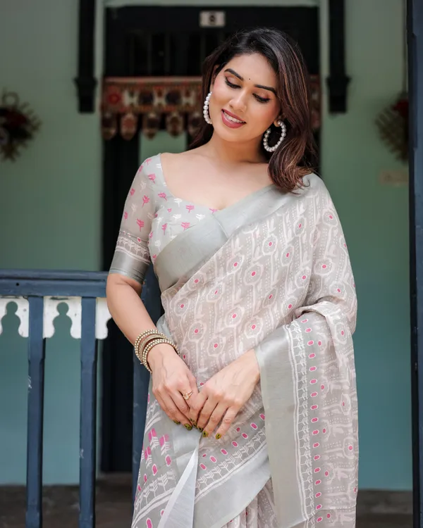 Soft_Grey_Pure_Cotton_Linen_Saree_with_Pink_and_White_Ikat_Design,_,_and_Tassel_Detailing_With_Unstitched_Blouse