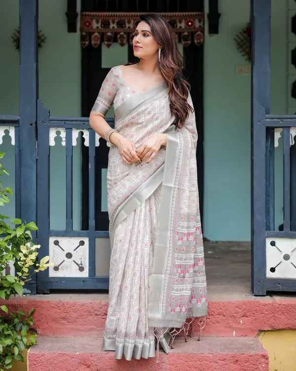Soft_Grey_Pure_Cotton_Linen_Saree_with_Pink_and_White_Ikat_Design,_,_and_Tassel_Detailing_With_Unstitched_Blouse