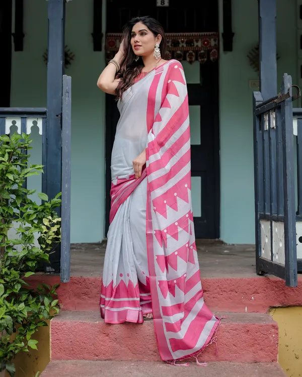 White_and_Pink_Pure_Cotton_Linen_Saree_with_Geometric_Stripes_And_Tassel_Detailing_With_Unstitched_Blouse