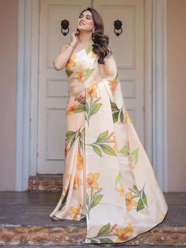 Peach_Satin_Georgette_Floral_Printed_Saree_with_Designer_Blouse_for_Women_|_Elegant_Party_Wear_Saree