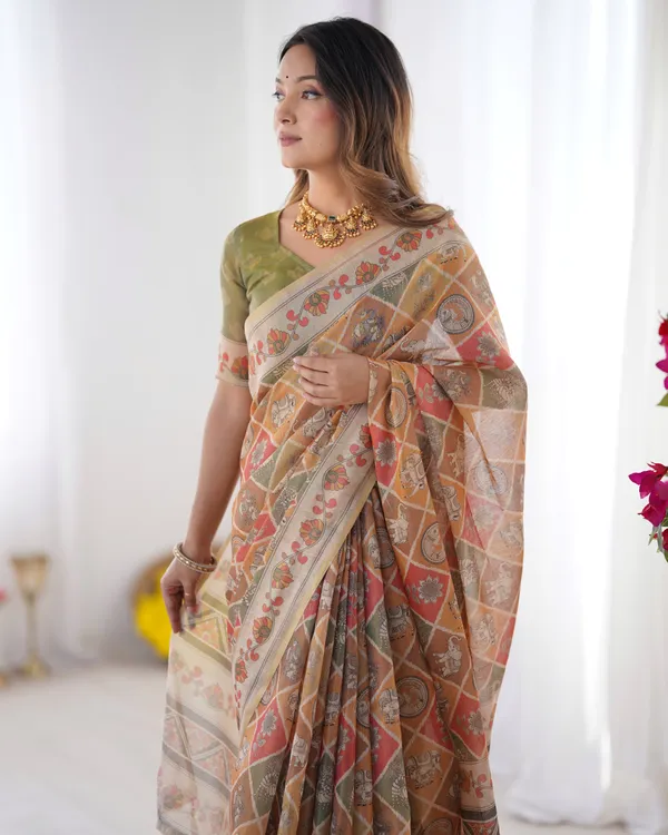 Classic_Handloom_Cotton_Saree_Featuring_Buti_and_Floral_Panel_Design_With_Unstitched_Blouse