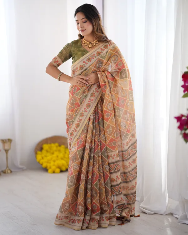 Classic_Handloom_Cotton_Saree_Featuring_Buti_and_Floral_Panel_Design_With_Unstitched_Blouse