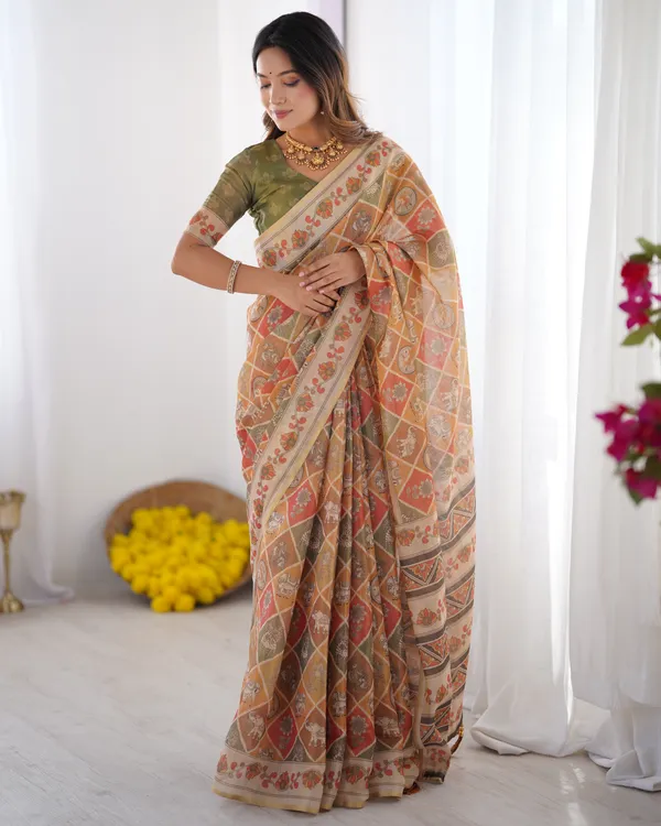 Classic_Handloom_Cotton_Saree_Featuring_Buti_and_Floral_Panel_Design_With_Unstitched_Blouse