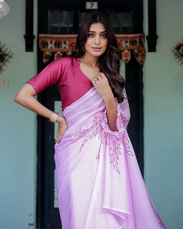Lilac_Pink_Designer_Freehand_Saree_with_Maroon_Leaf_Motif_&_Wine__Satin_Georgette_Handsfree_Pallu_Style_With_Unstitched_Blouse